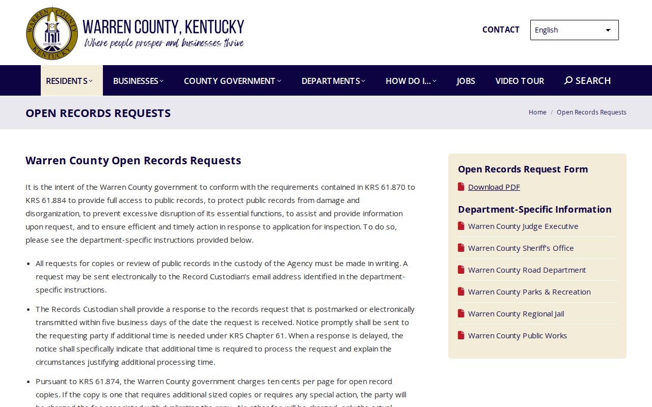 Warren County open records request page for booking records